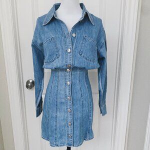 NWT Women's Long Sleeve Blue Denim Shirt Dress Classic Button Down Jean Shirt